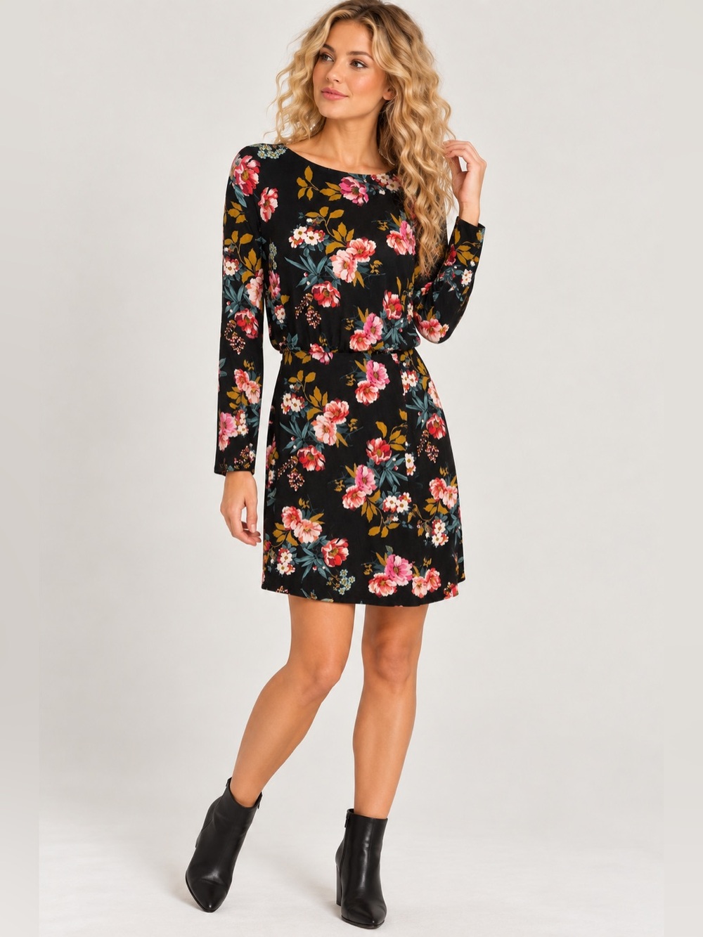 LOFT nwt! Open Back, Super soft & stretchy Jersey Black Floral Long-Sleeve Dress